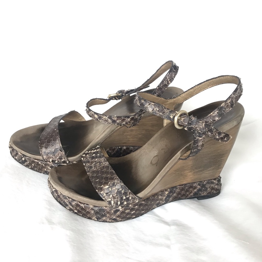 Brown and gold leather wedges